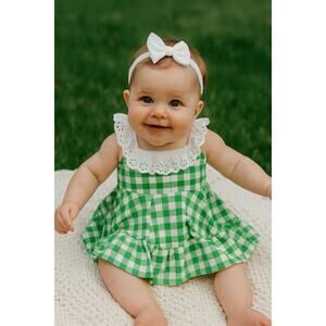 Janie And Jack SZ SZ 6-12 Months Green White Gingham Eyelet Ruffle Ponte Dress